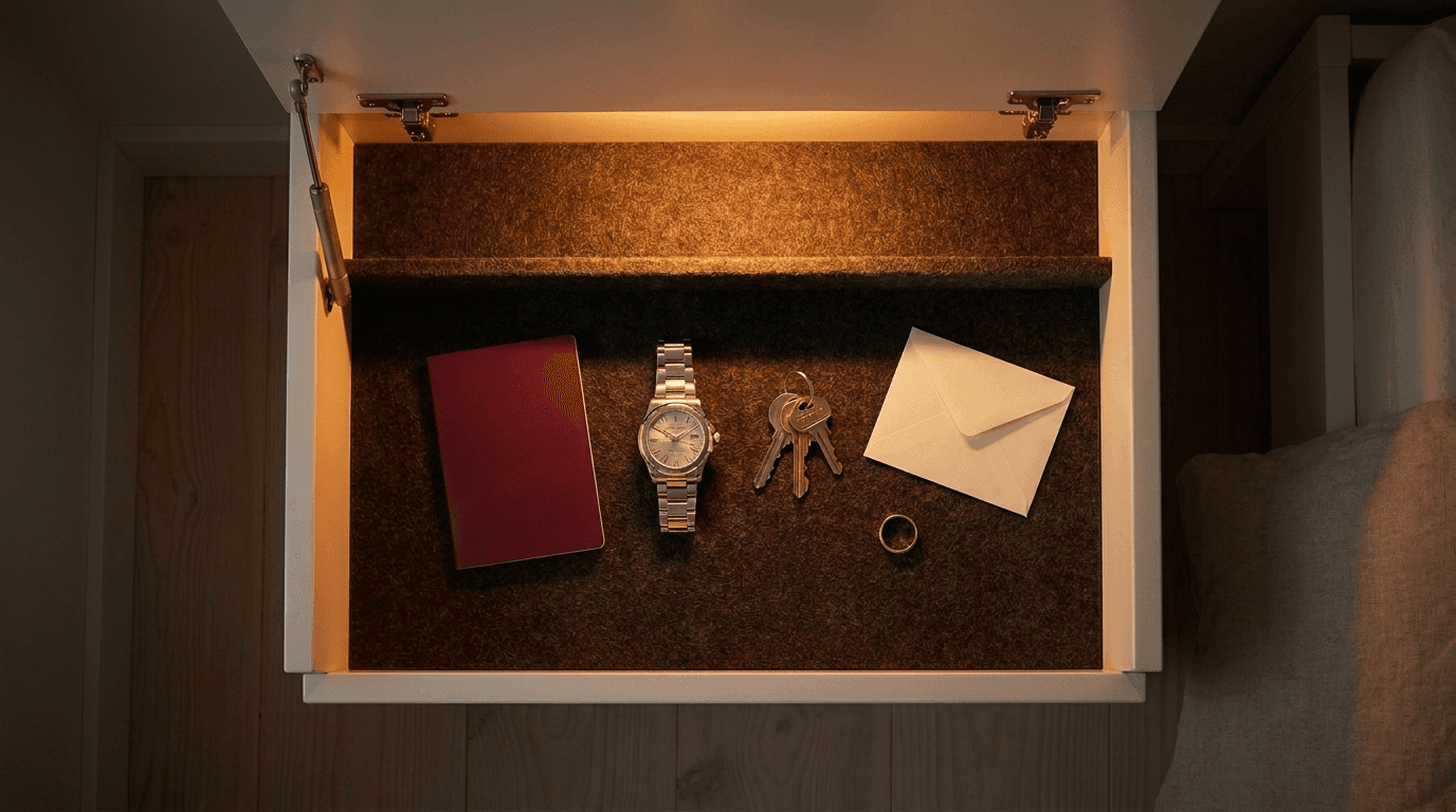 Top-down view of the open felt compartment: passport, watch, keys, an envelope of cash and a ring, lit amber.