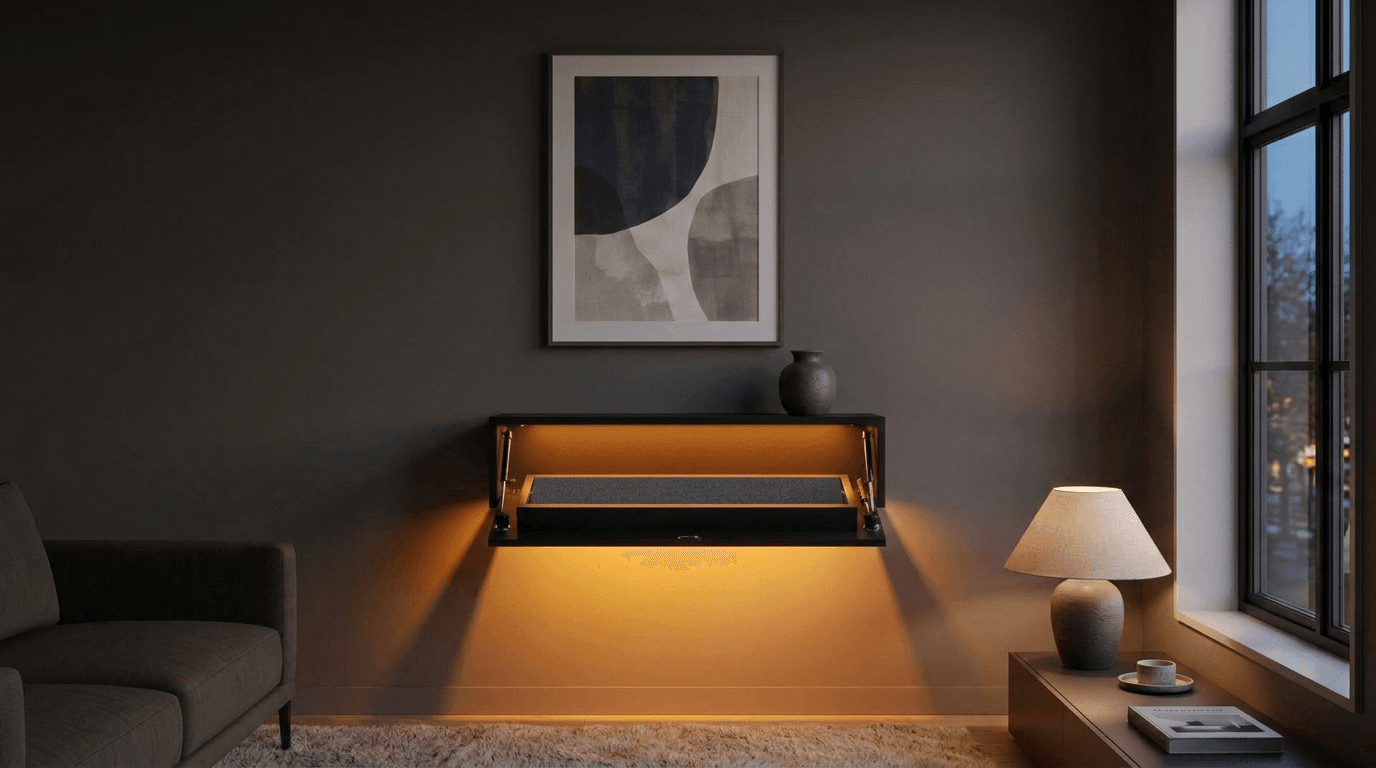 The Ledge open — its under-panel dropped on gas struts, amber light spilling from the hidden compartment.