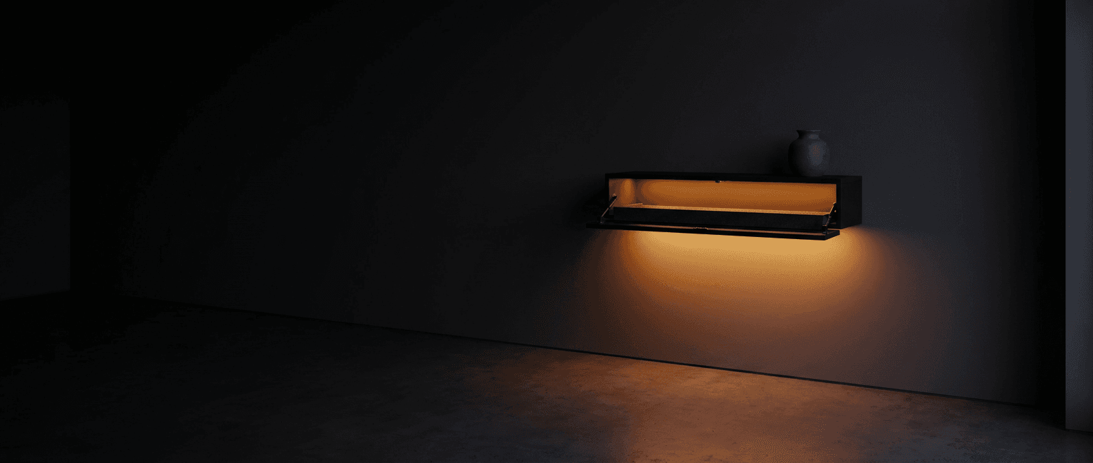A dark room at night — one shelf glows from within, an island of light where the secret keeps.